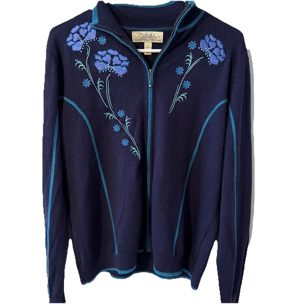 Cabela's Purple Blue Knit Embroidered Floral Zip Up Sweater L Merino Wool Blend